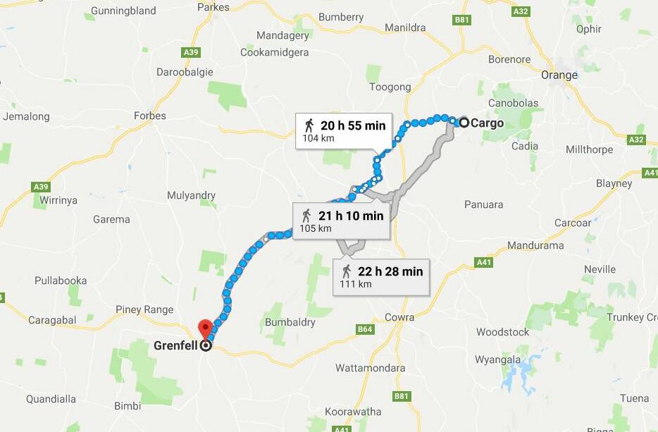 LONG WAY TO GO: The route from Cargo to Grenfell. Photo: GOOGLE MAPS
