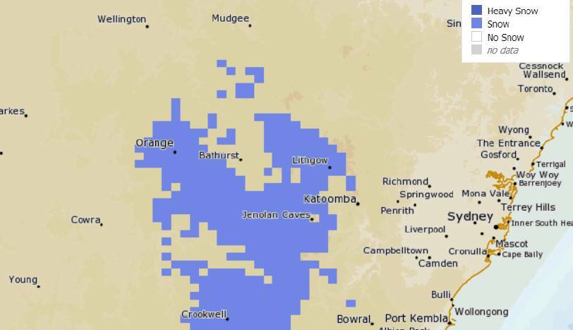 HERE IT COMES: The Bureau of Meteorology's map predicting snow in Orange and across the Central West on Sunday.