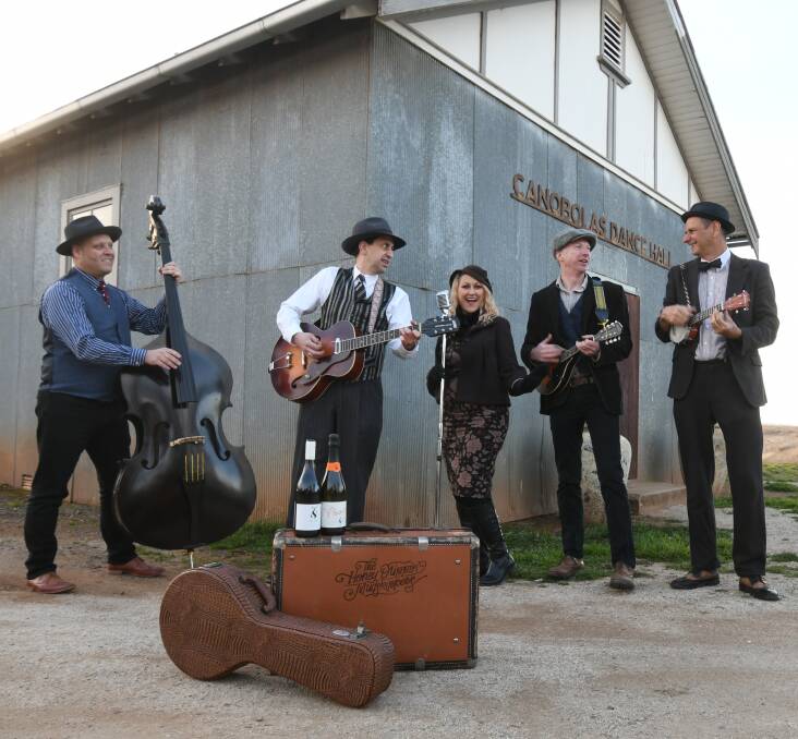 READY TO ROCK: The Honey Drippin’ Mudskippers - made up of Ben Lander, Tony Mansfield, Tam Wilson, Marty Ferguson and Kenneth Smith - will add some heavier musical touches to the Orange Winter Fire Festival's wassailing event. Photo: JUDE KEOGH 0719jkwassail1