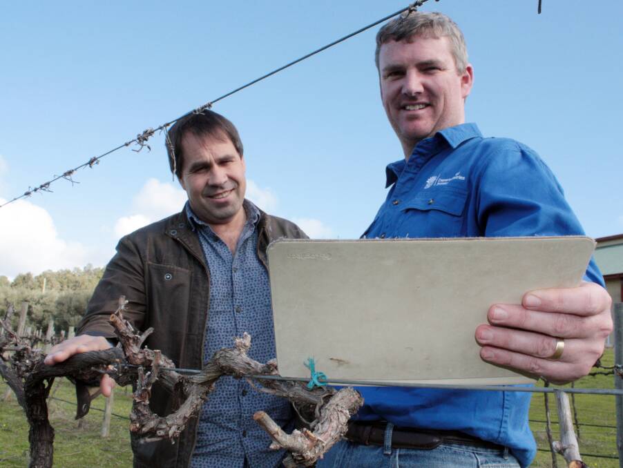 WAY OF THE FUTURE: NSW Department of Primary Industries viticultural leader Dr Greg Dunn and viticultural development officer Adrian Englefield are keyed up over new technology which promises to deliver new ways of thinking and working in local vineyards. Photo: CONTRIBUTED
