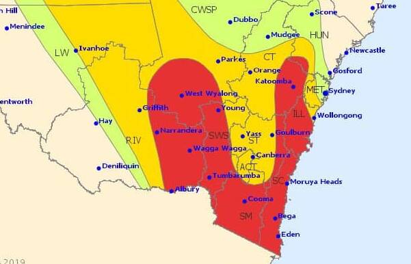 ON ITS WAY: The weather warning issued by the Bureau of Meteorology on Tuesday morning, with Orange in the 'severe thunderstorms possible' zone.