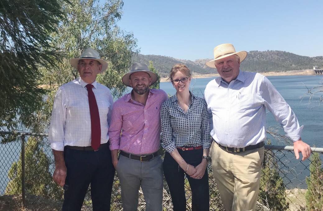 Cowra mayor Bill West, minister for regional water Niall Blair, member for Cootamundra Steph Cooke and parliamentary secretary for western NSW Rick Colless at Wyangala Dam on Tuesday. Photo: SUPPLIED