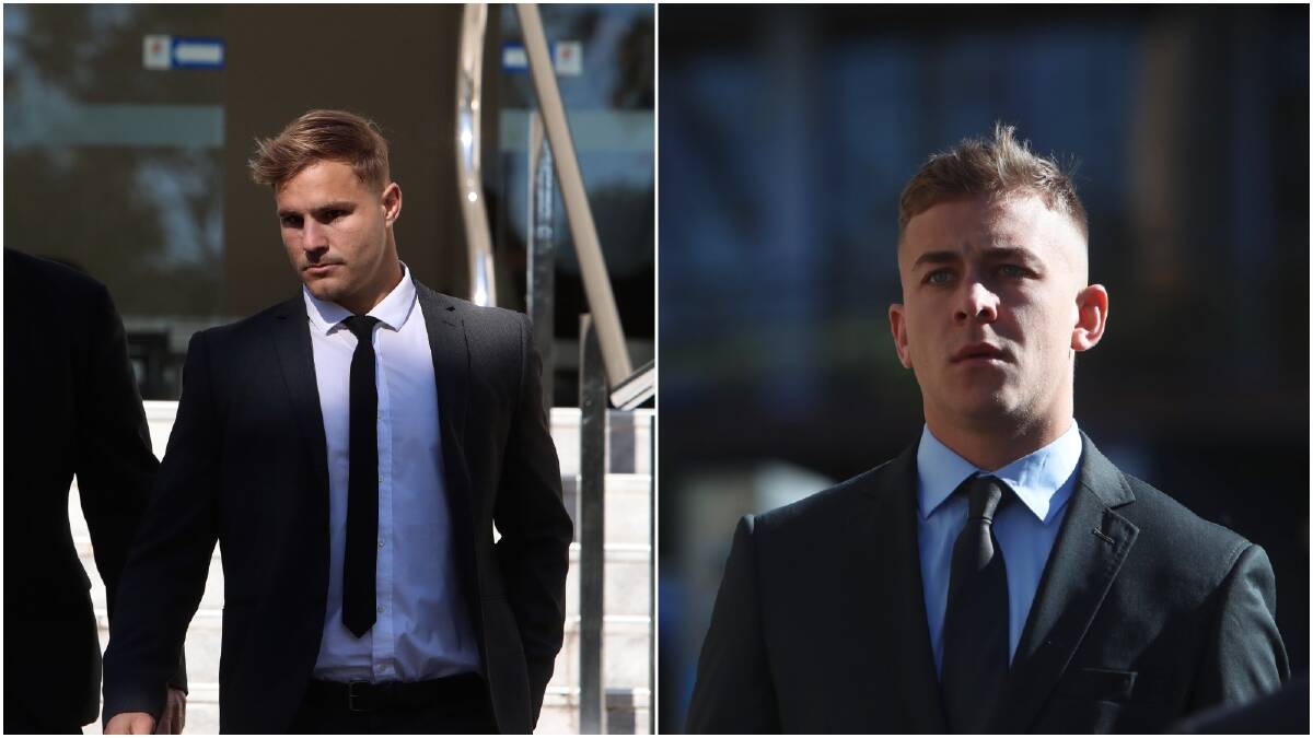 Jack de Belin and Callan Sinclair outside Wollongong Local Court on Tuesday. Pictures: Sylvia Liber