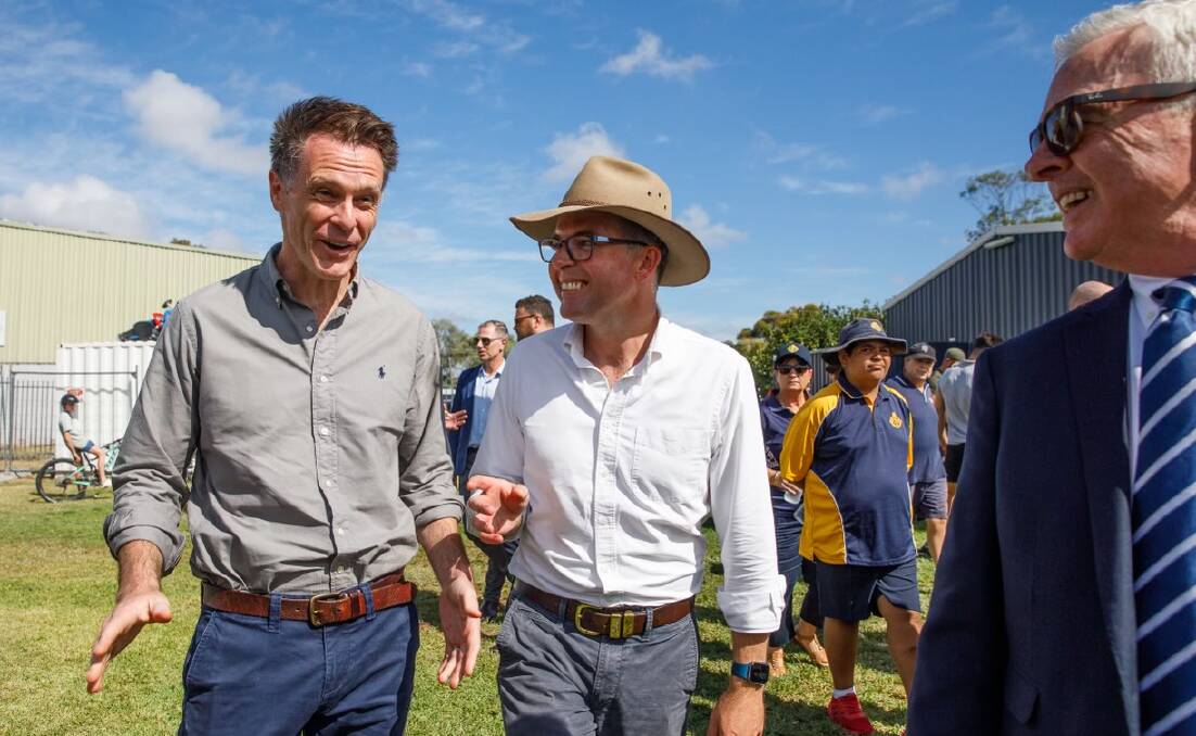 NSW Premier Chris Minns, Northern Tablelands MP Adam Marshall and Mayor Mark Johnson at the launch of Project Pathfinder on Wednesday in Moree. Picture by Simon Scott Photo.