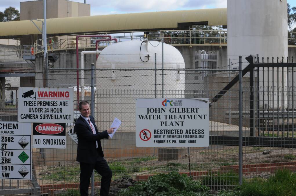 Dubbo Regional Council mayor Mathew Dickerson in front of the fluoride tank at John Glibert Water Treatment Plant. Picture: Ciara Bastow