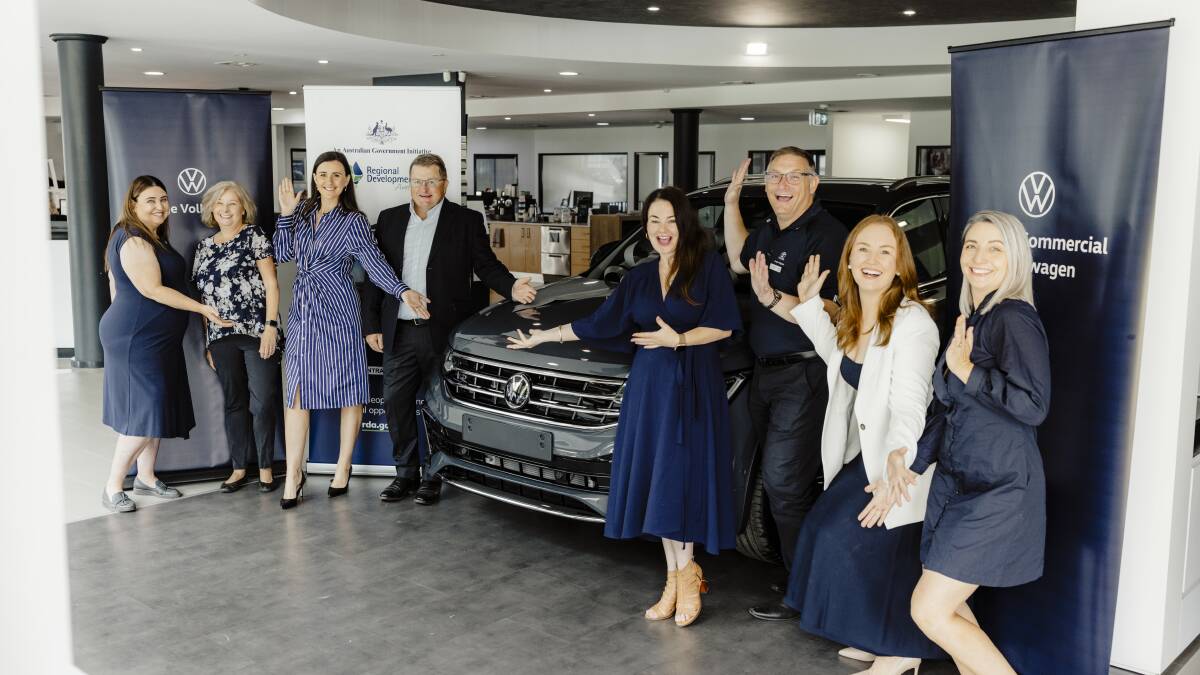 From left to right: Volkswagen Sales Manager Janita Kelly, RDA Central West Operations Manager Lynda Smart, Bullyollogy founder Jessica Hickman, RDA Director Josh Gordon, RDA Communications and Engagement Manager Rachel Chippendale, West Orange Motors Dealer Principal Blair Blashki, Quest owner Amy van de Ven and West Orange Motors Training Manager Sophie Maley. Photo: Kirsten Cunnigham.
