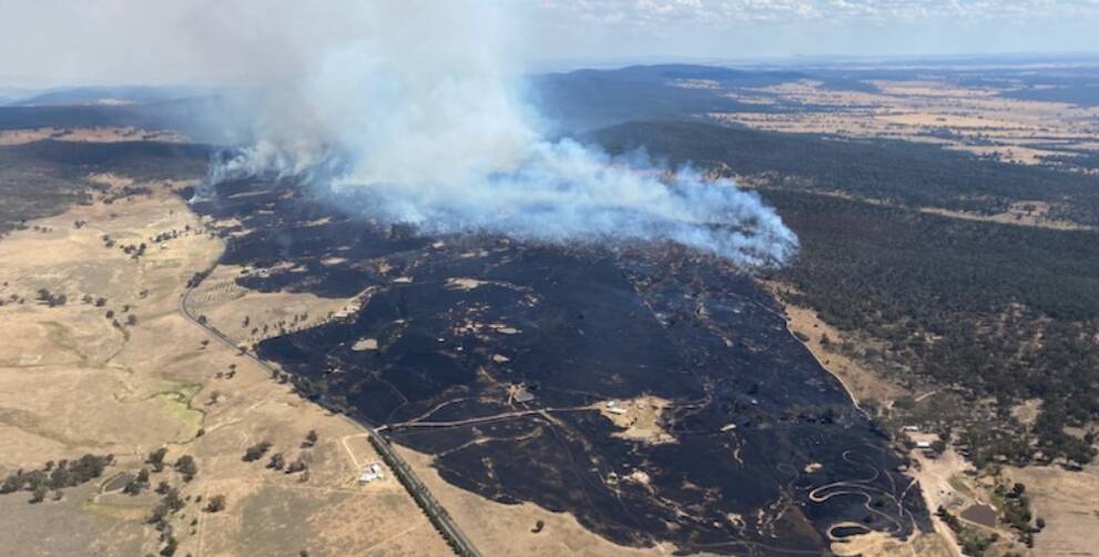 An aerial shot of where the fire raged near Parkes on Sunday. Picture supplied by the Rural Fire Service