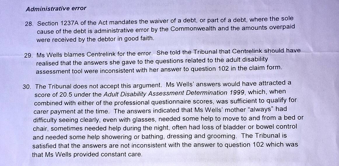 The AAT outlines why it rejected Ms Wells' assertion that there was an administrative error from Centrelink.