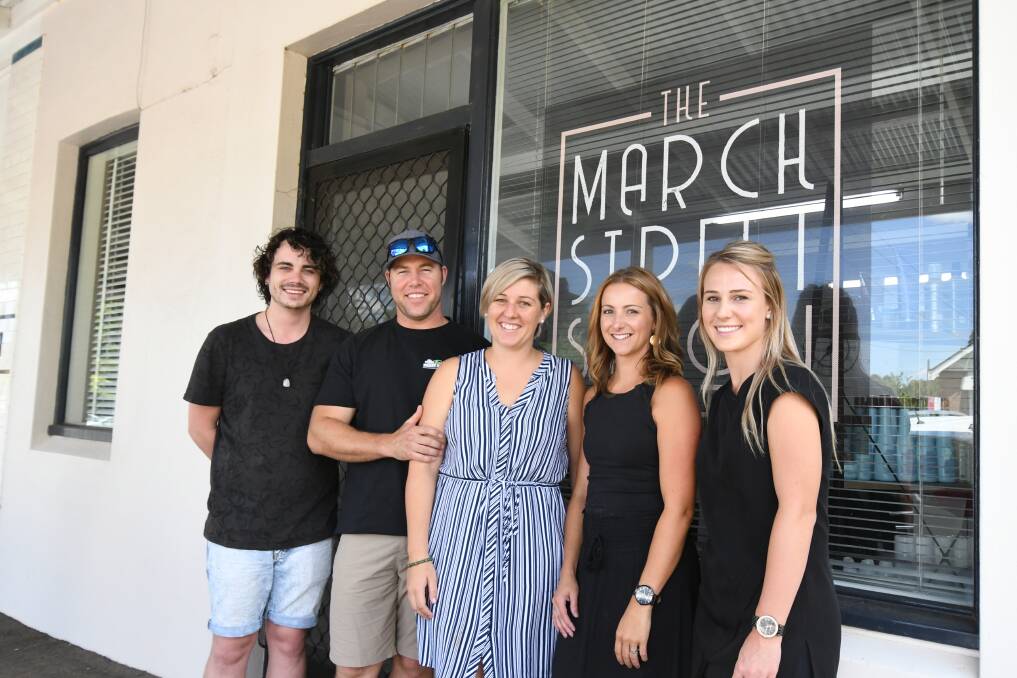 ASSEMBLED: Hairdresser Shaun Downey, business owners Stephen and Kylie Ford, hairdresser Meagan Fitzgerald and beautician Sophie Law. Photo: JUDE KEOGH