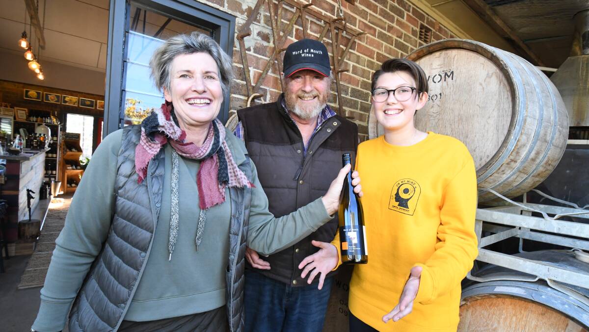 TOP CHOICE: Word of Mouth Wines' Deborah Upjohn, Peter Gibson and Milli Gibson with the 2018 pinot gris. Photo: JUDE KEOGH 0507jkwine2
