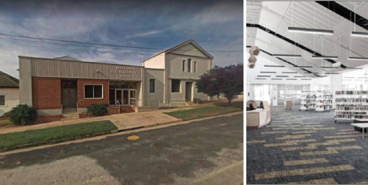 TRANSFORMATION: (Left ) Molong School of Arts in Bank Street will be transformed into an auditorium and library and (right) what the library might look like.