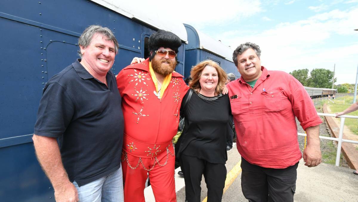 MAKING A STOP: Carl Zammit, Chris Summerhayes, Kristen Kable and Mauro Damico disembarked the Blue Suede Express at Orange last year. Photo: JUDE KEOGH 0111jkelvis16