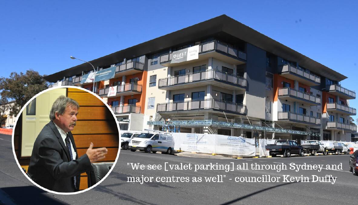 PARKING SOLUTION: Quest Apartments is still under construction on Kite Street, (inset) councillor Kevin Duffy. Photos: JUDE KEOGH
