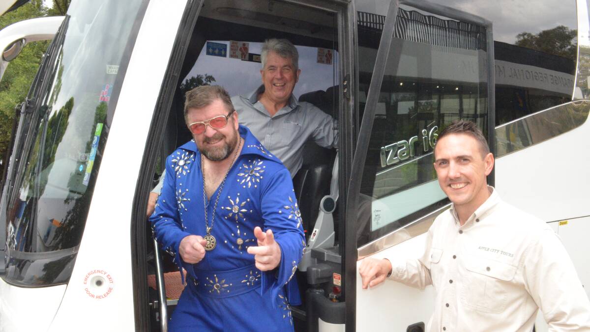 READY FOR THE ROAD: Orange-based Elvis tribute artist James Caulfield, Orange City Council tourism manager Glenn Mickle and Apple City Tours' Ryan Marshall.