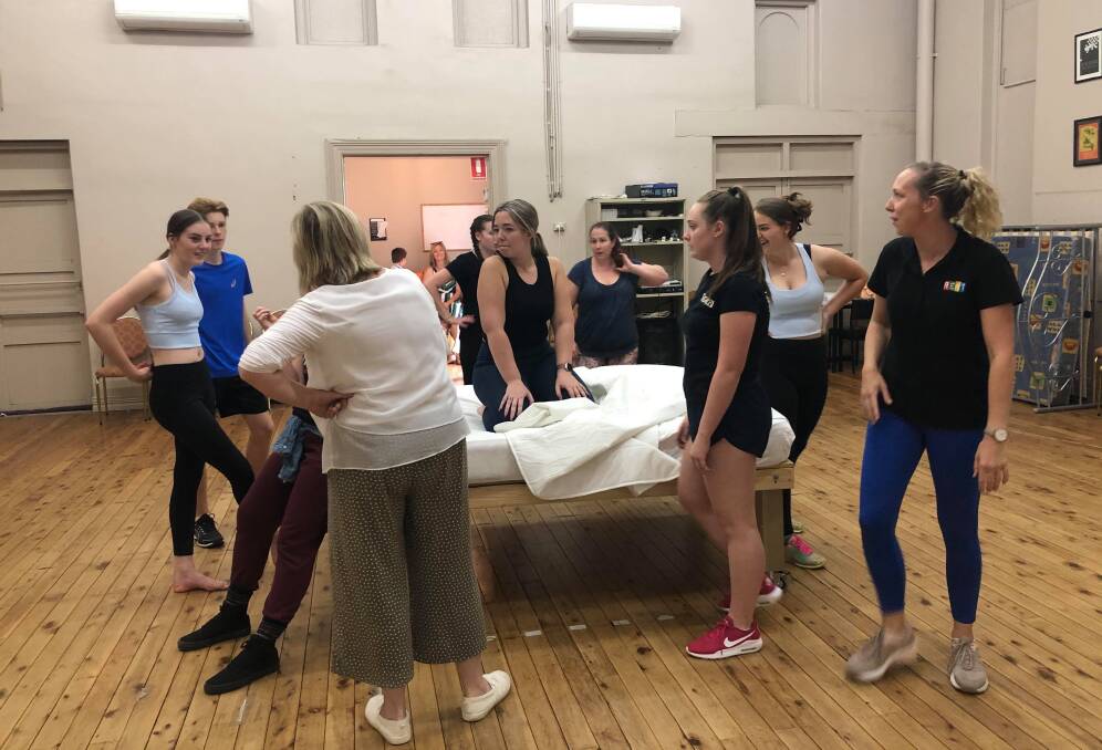 IN REHEARSAL: Allie Burgess as main character ... (centre) with other cast members from Mamma Mia. Photos: SUPPLIED