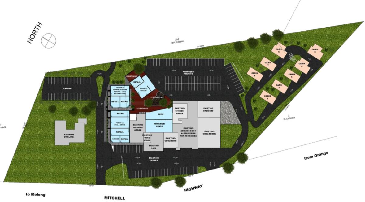 CONCEPT: The site plan includes additional shops and conference facilities in blue, two additional car parks to the north and rear and cabins to the east.