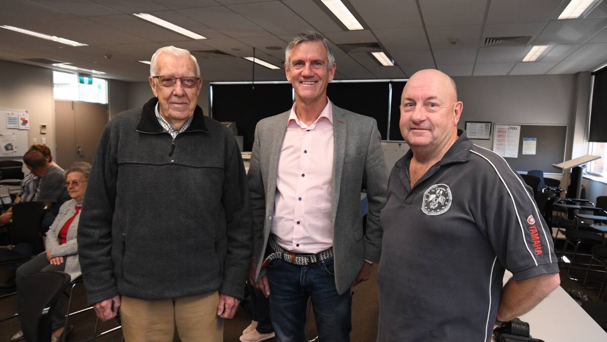 STOPPING IN: Retired police officers Bob Baker, Greg Pringle and Martin McLean. Photo: JUDE KEOGH