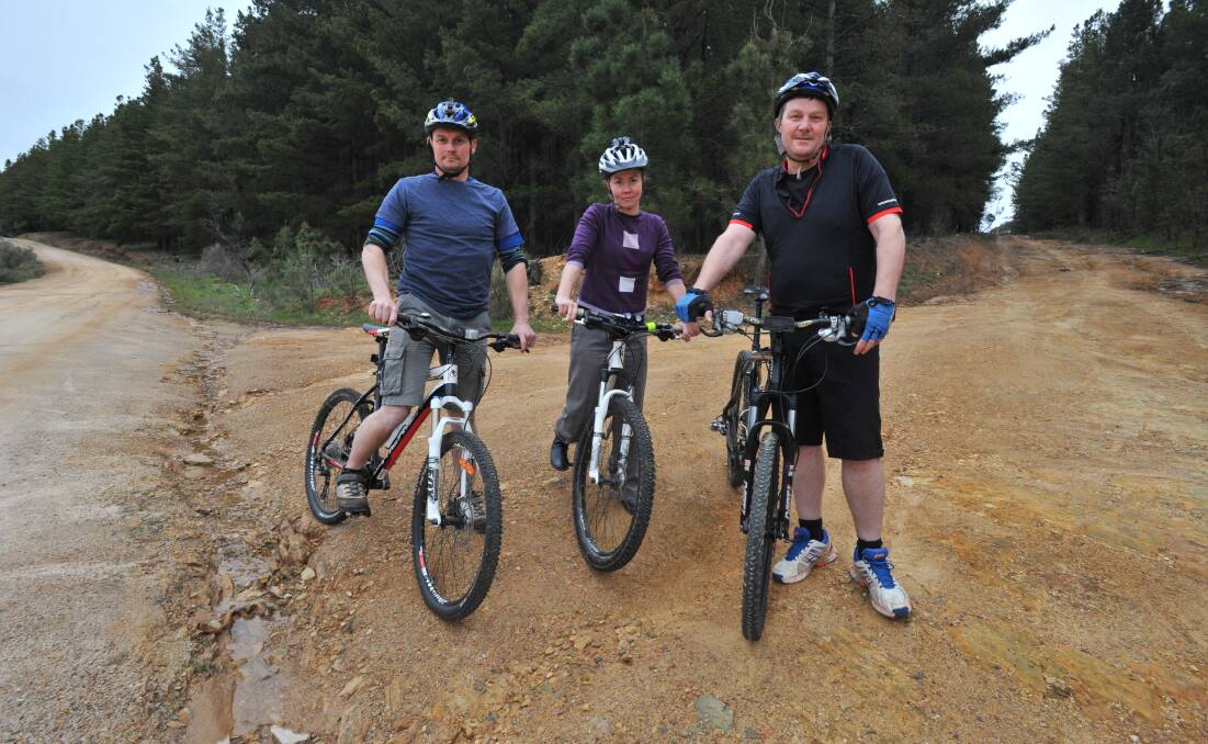 PINES NOT GUMS: Mountain bikers Peter West, Yvette Black and Patrick Driver want Mount Canobolas trail centre to stay within the pine forest. Photo: JUDE KEOGH 