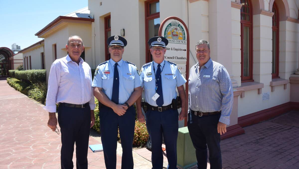 Cowra mayor Bill West, Canobolas Local Area Command crime manager Detective Inspector Bruce Grassick and Superintendent Chris Taylor, and Cabonne mayor Kevin Beatty.