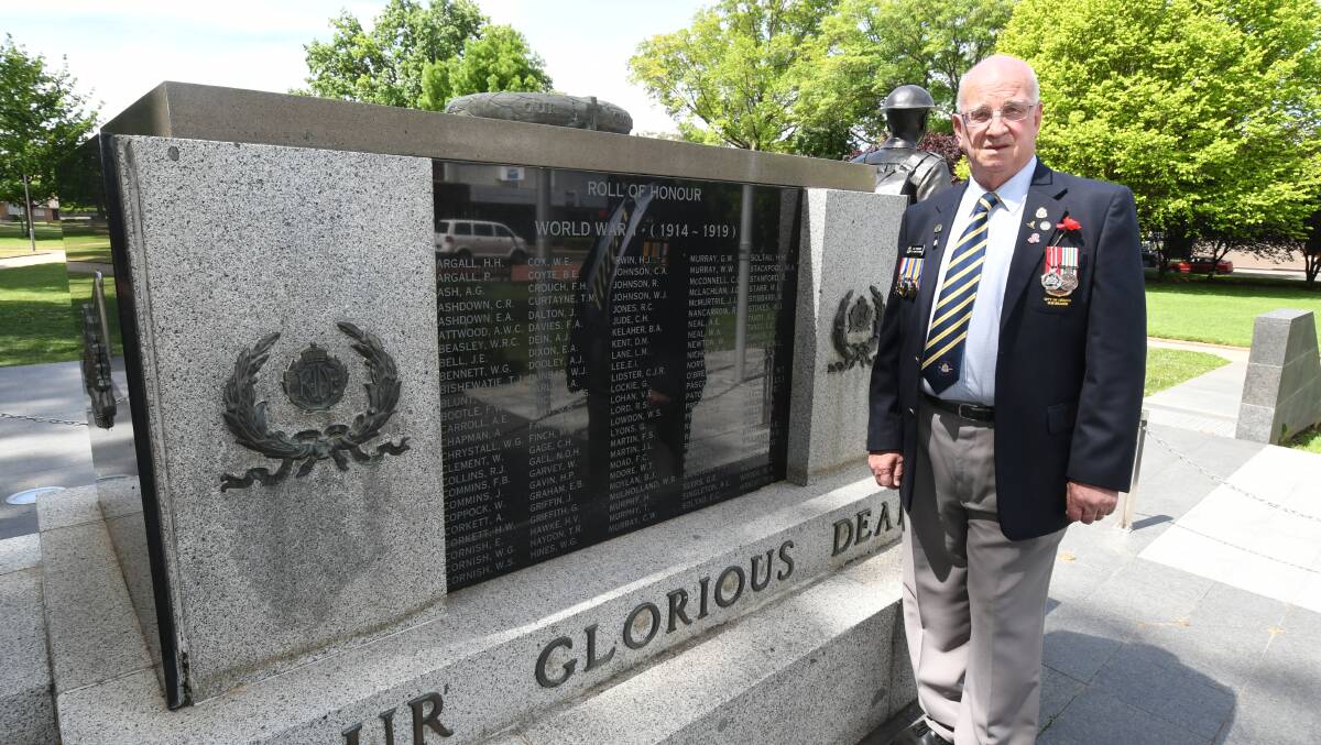 SOMBRE: City of Orange RSL sub-branch vice-president Chris Colvin stands with the WWI honour roll. Photo: JUDE KEOGH 1109jkrem1