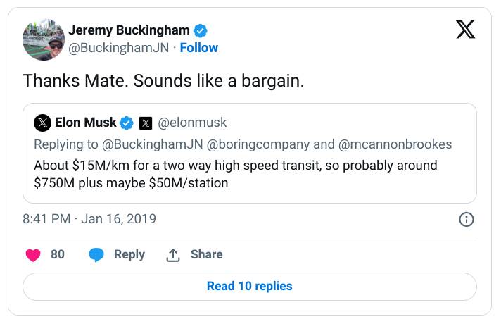 An exchange in 2019 between politician Jeremy Buckingham and billionaire Elon Musk.