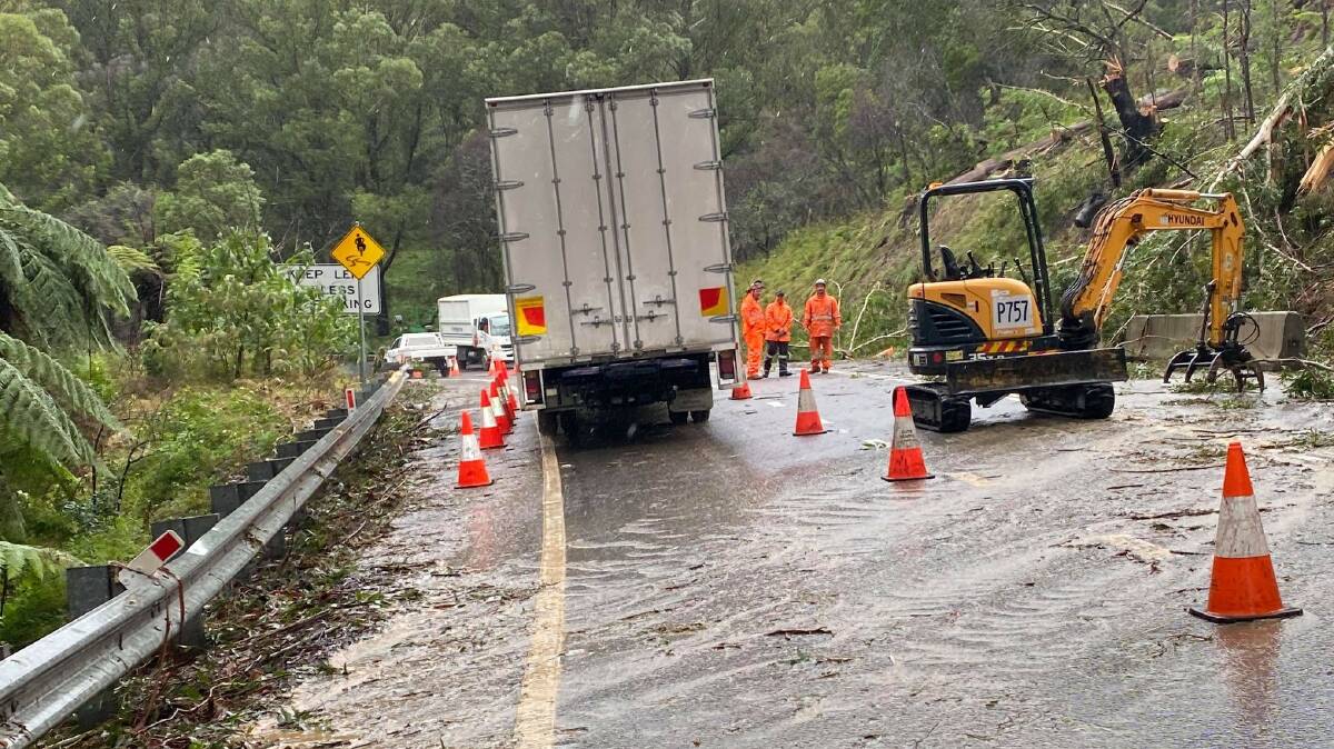 Crews work on Bells Line of Road in March 2021 after heavy rain caused landslips. Picture from Hawkesbury City Council