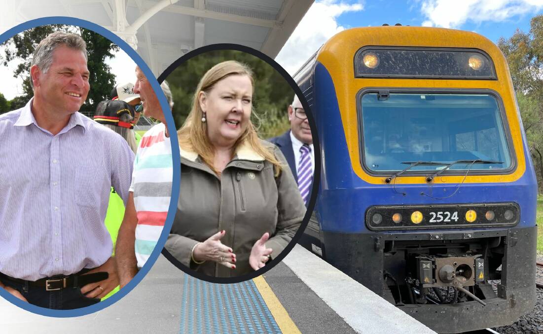 Phil Donato, NSW Minister for Regional Transport and Roads Jenny Aitchison and a train at the Orange train station. Main picture by William Davis.