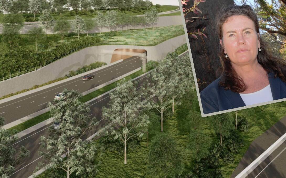 An artist's impression of the tunnel portals at Blackheath near Evans Lookout Road and (inset) Blue Mountains MP Trish Doyle.