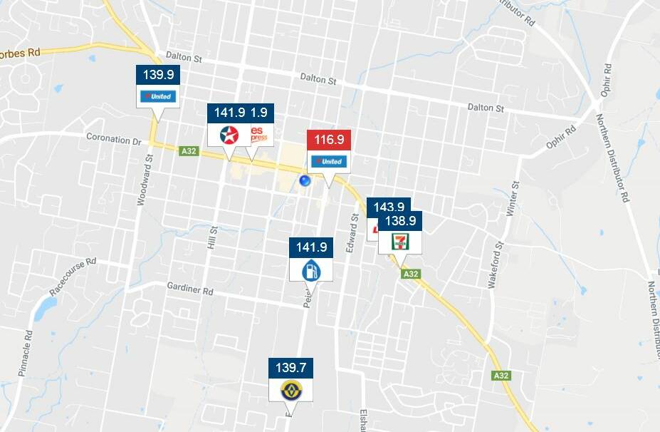 COMPARISON: The price of unleaded 91 fuel in Orange at 12.30pm Monday showing the new station in red as the cheapest. Photo: FUEL CHECK