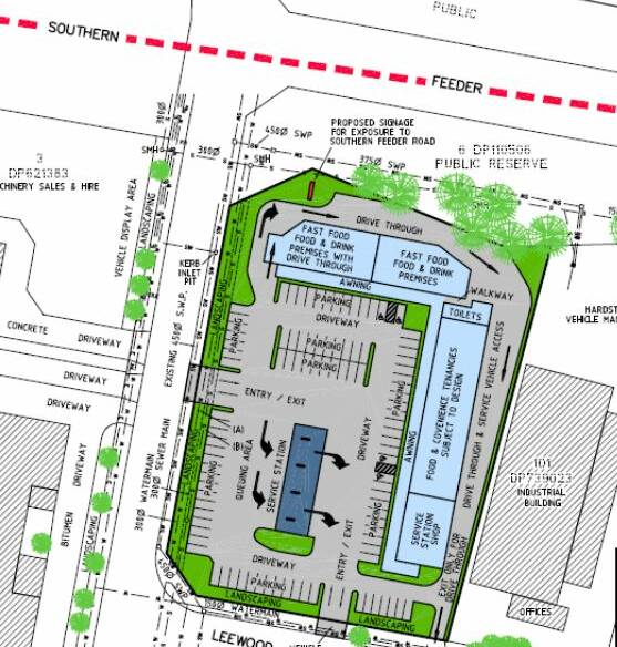 PLANS: The old RTA site on the edge of the new Southern Feeder Road (pink line) could become a service station/fast food outlet as suggested in this concept plan. Photo: Supplied.