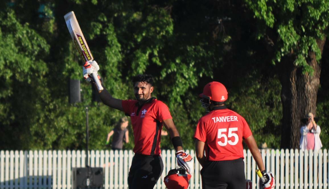 DAY OF FAME: Hong Kong's Nizakat Khan celebrates a Twenty20 ton at Wade Park in 2016 in an international trial game against the Sydney Thunder.