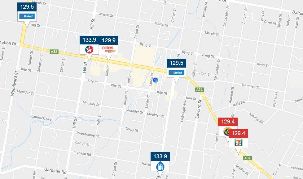 COMPARISONS: Unleaded fuel prices across the centre of Orange as at 10am on Tuesday. Photo: Fuel Check