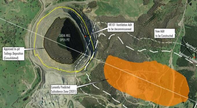 PLAN: Cadia wants to increase the capacity for more tailings in the open pit to the level shown by the yellow line. Photo: Supplied
