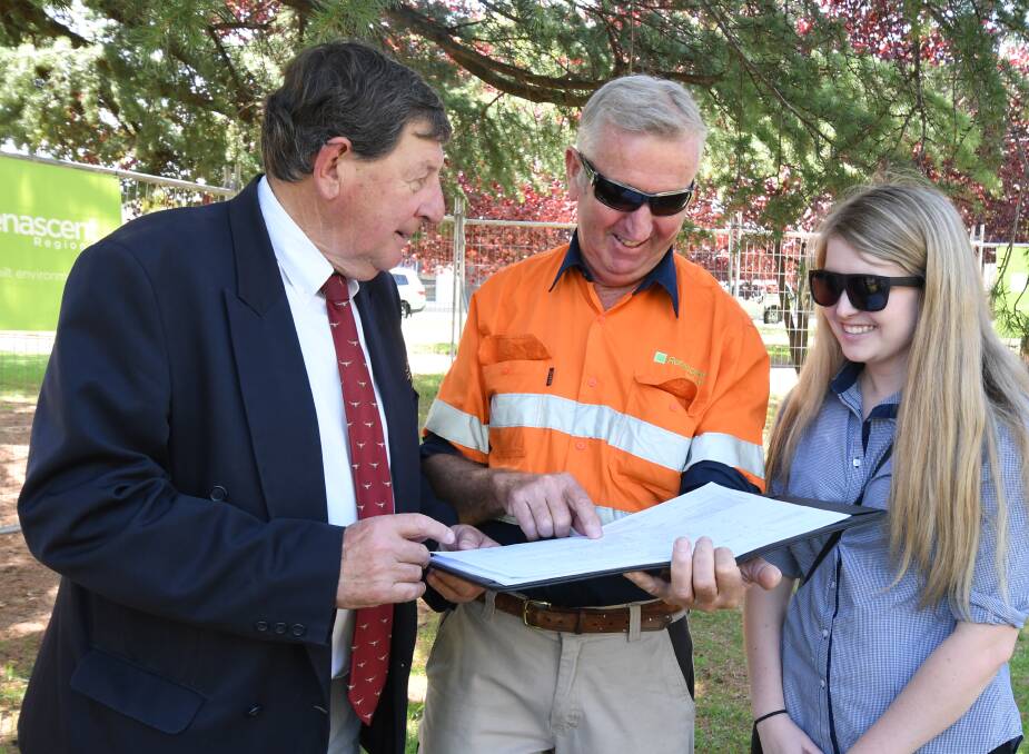 WE'LL BUILD IT: Mayor Reg Kidd with toilet builders John Ryan and Lucy Gorton from Renascent. Photo: JUDE KEOGH