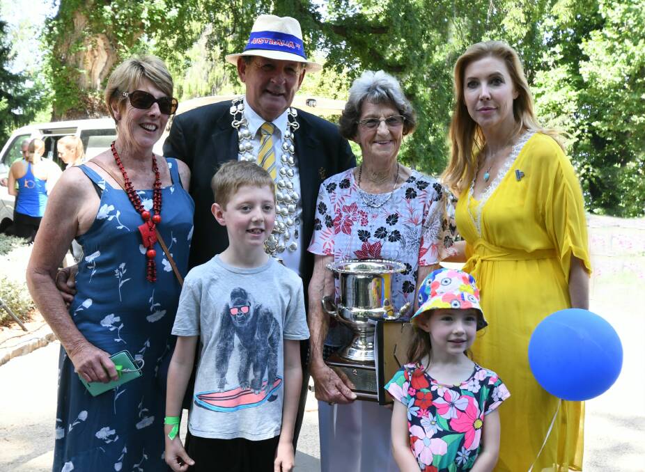 LAST YEAR: Barbara and Henry Chapman with mayor Reg Kidd, Edna Sharp, Chloe Chapman and 2019 ambassador Catriona Rowntree in Cook Park for the Australia Day event. Photo: CARLA FREEDMAN