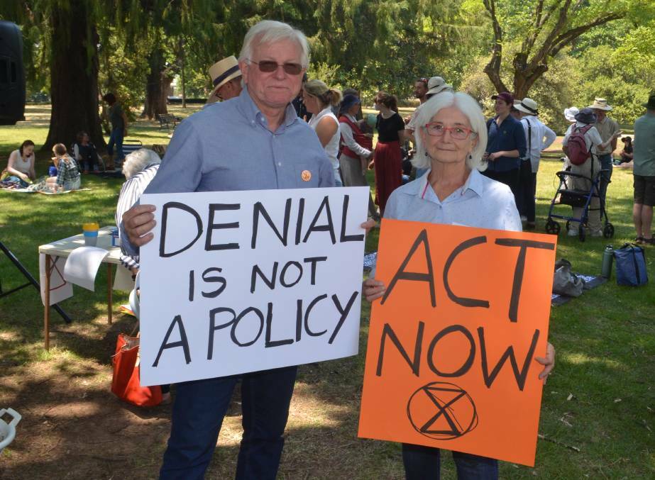 ACT NOW: Professor Roy Tasker and Kate Allen at an Extinction Rebellion meeting in Cook Park. Photo: DAVID FITZSIMONS