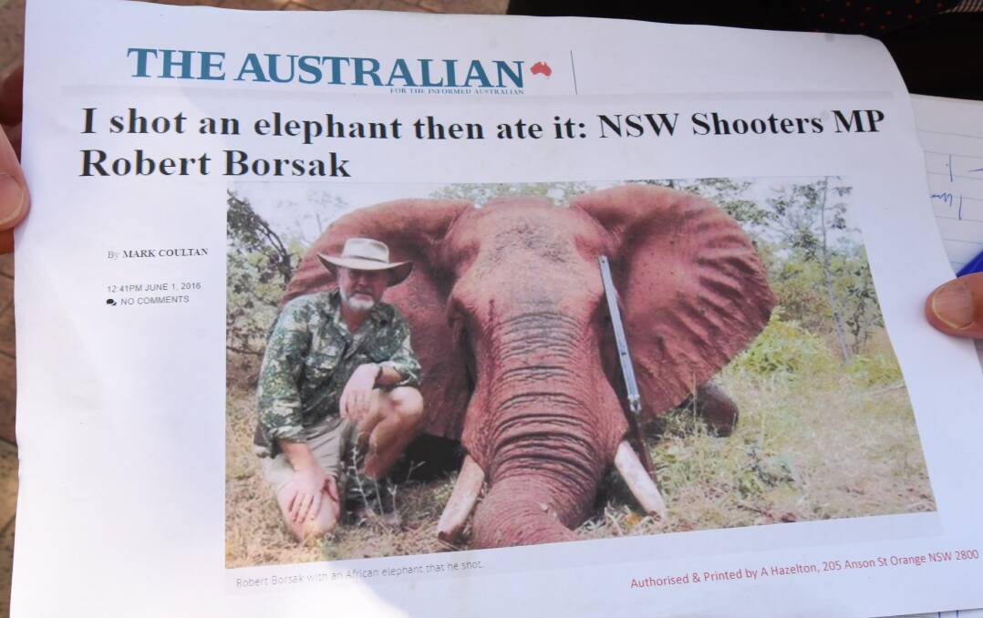 ELEPHANT IN THE ROOM: A flyer Annie Hazelton said she was handing out to voters on Thursday. Photo: JUDE KEOGH