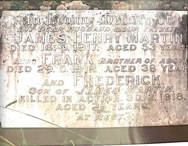 MOURNING: Private Frederick Martin's body has never been found but he is remembered on his father's gravestone. Photo: Supplied