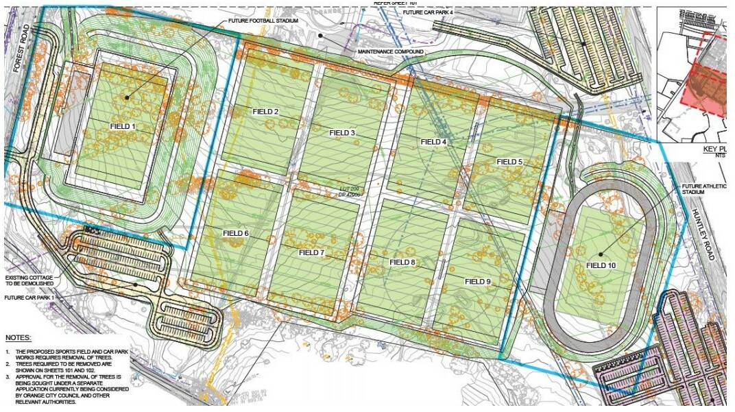 PLAN: Field 1 and field 10 would be built first and require about 250 trees to be removed as shown in this Orange council design.