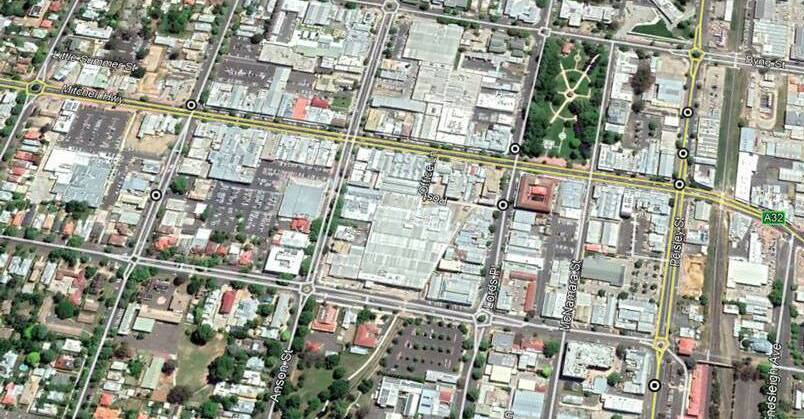 CRASH SPOTS: The circles on the photo show where Orange City Council say injury crashes have occurred in the Orange CBD. Photo: Supplied