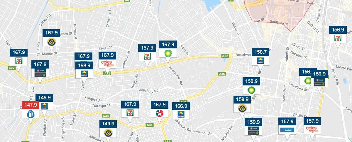 COMPARISON: A snapshot of the Fuel Watch website showing unleaded petrol prices in Sydney's inner west around Parramatta Road on Sunday afternoon.