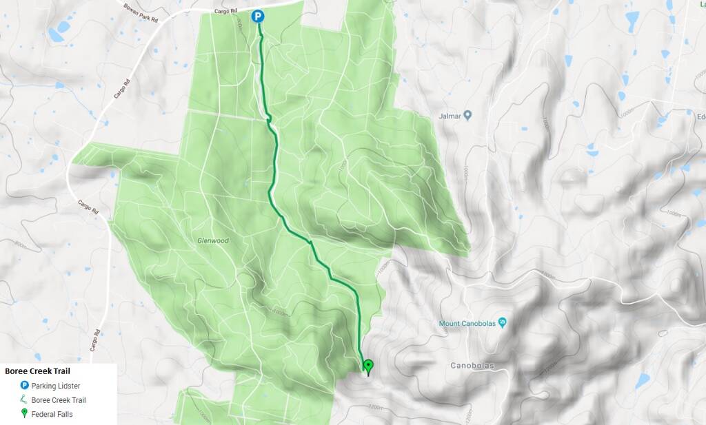 ACCESSIBLE: The planned route from Lidster RFS station near Cargo Road (marked P) to Federal Falls.