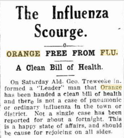 THE END: How the Orange Leader newspaper reported the end of the flu on May 26. Photo: TROVE