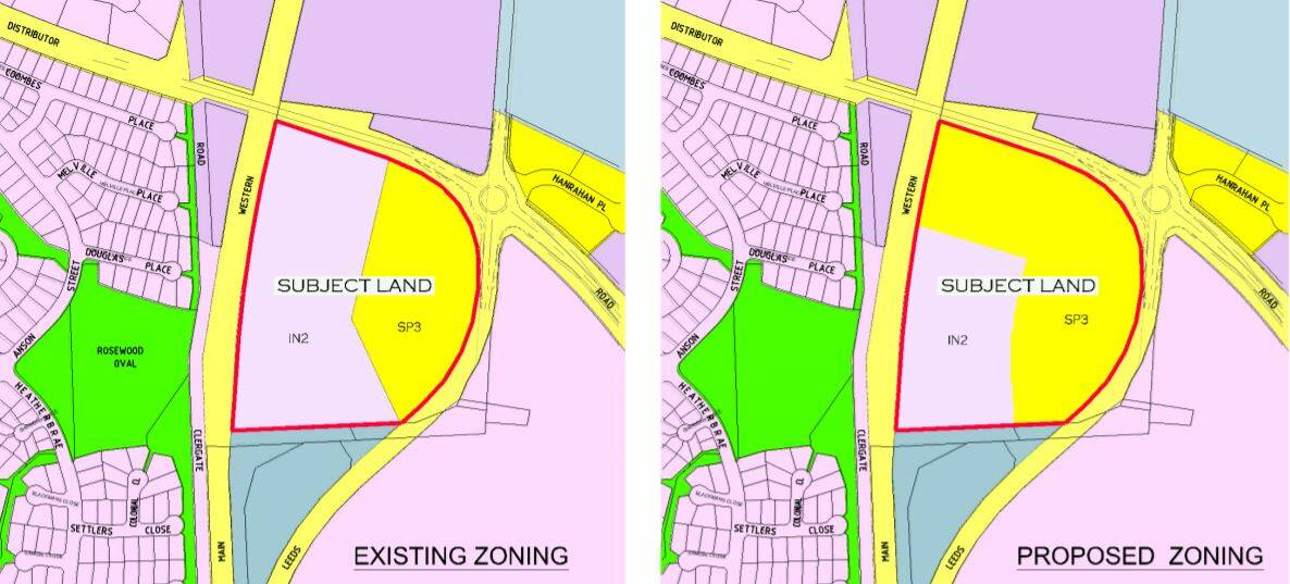 REZONING: It is proposed to expand the yellow tourist zoning area SP3 over the pink light industrial zoning area IN2 on the area marked Subject Land.