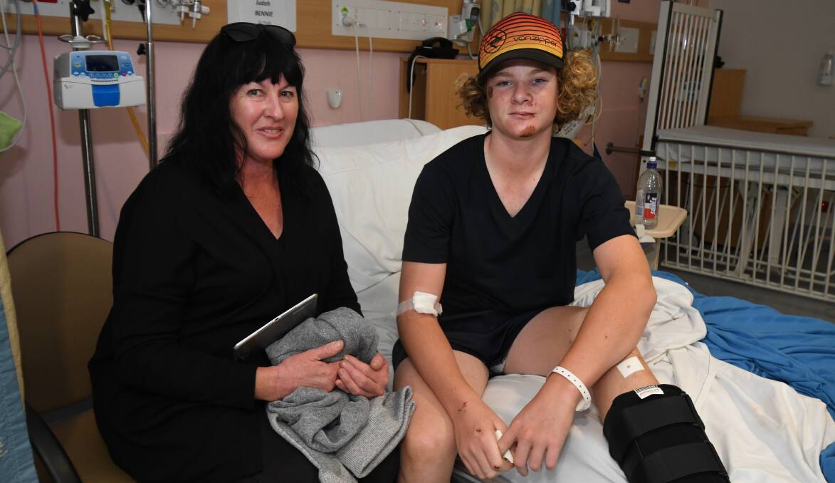 TOUGH BREAK: Sonya Thornberry with son Judah Bennie in Orange hospital as he recovers from his mountain bike crash. Photo: JUDE KEOGH 0501jkbike1