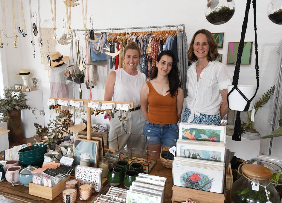 ARTISAN WORK: Gallery director Maddie Holborow with Lina Zappia and Fiona Schofield at The Corner Store Gallery. Photo: JUDE KEOGH