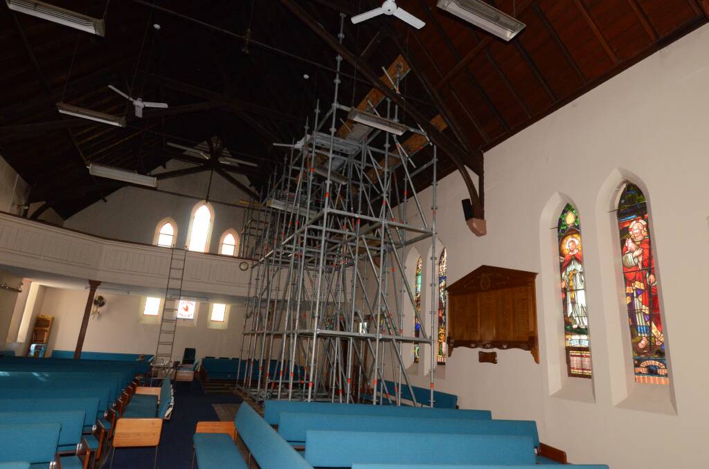INTERIOR UPGRADE: Scaffolding inside the Wesley Uniting Church in Anson Street. Photo: JUDE KEOGH