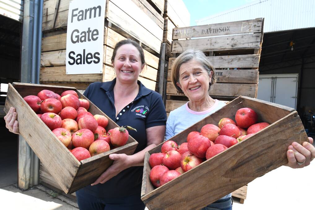 TOP PRODUCE: Paula Charnock and Jane Arnott with a pick of Orange's apple crop. Photo: JUDE KEOGH