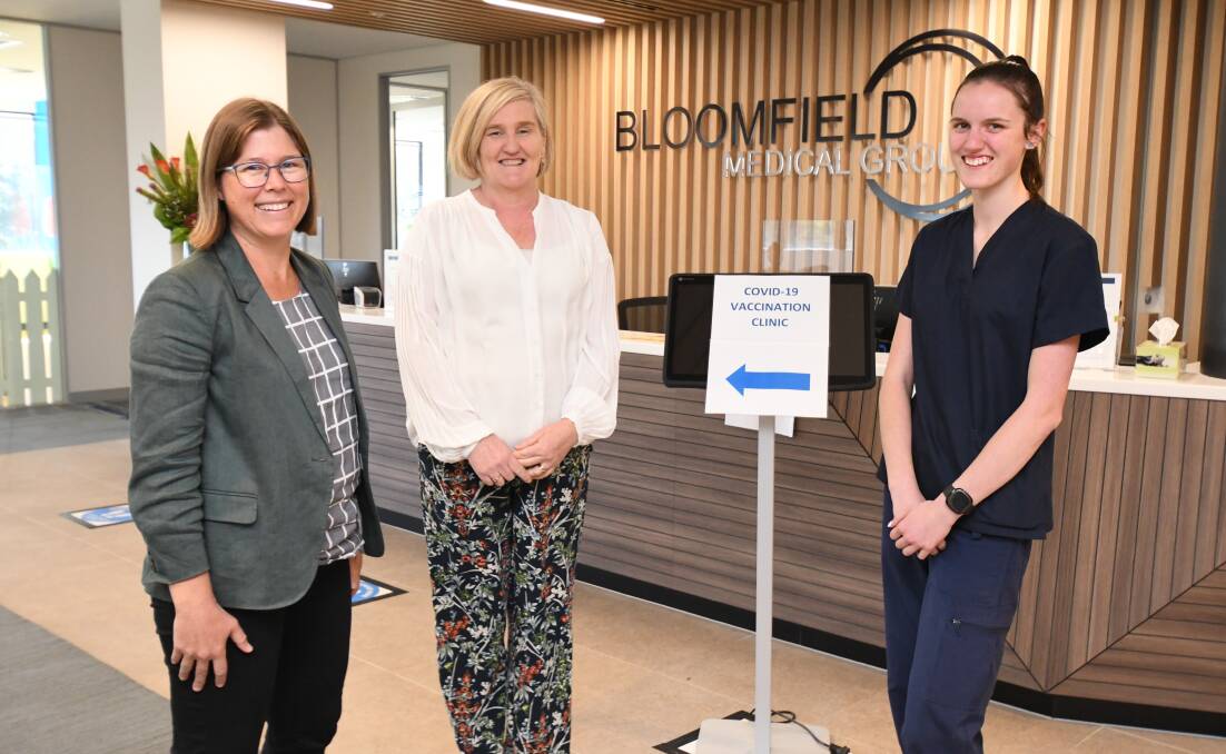 KEEN TO HELP: Dr Kathryn Fox, Ann Carter and Chelsea Davis at the Bloomfield Medical Centre's COVID-19 vaccination centre. Photo: JUDE KEOGH
