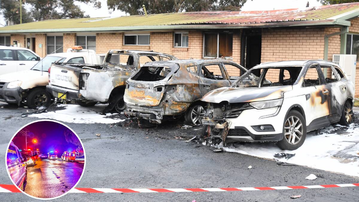 DESTROYED: Cars in the council depot park the day after the fire (inset).